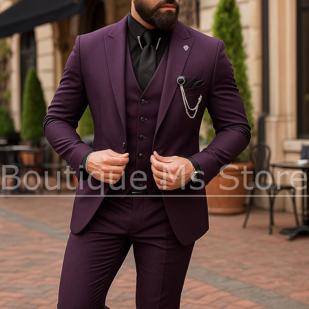 Men Formal Wear Outfits - Męski garnitur 3-częściowy jednorzędowy, jednolity kolor,