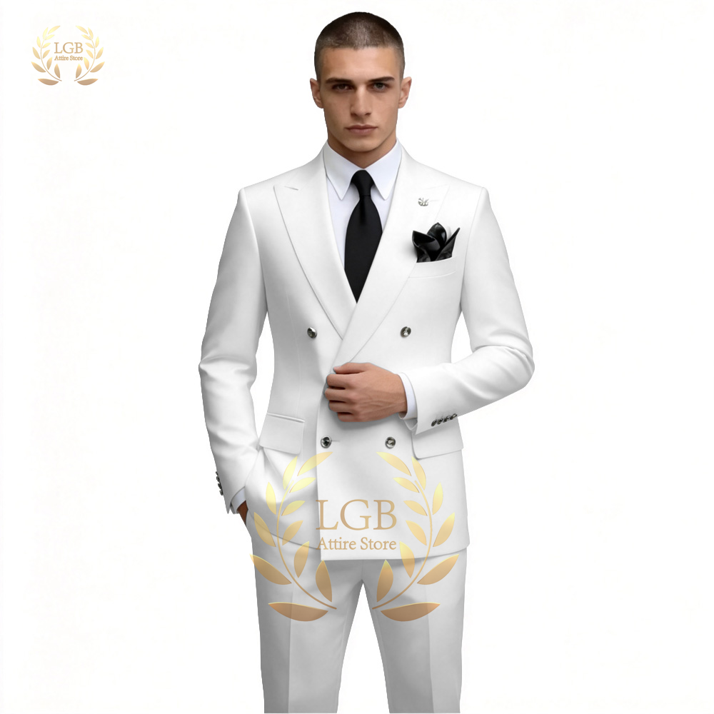 Men'S Formal Dinner Wear - Męski biały dwurzędowy garnitur 2-częściowy, dopasowany
