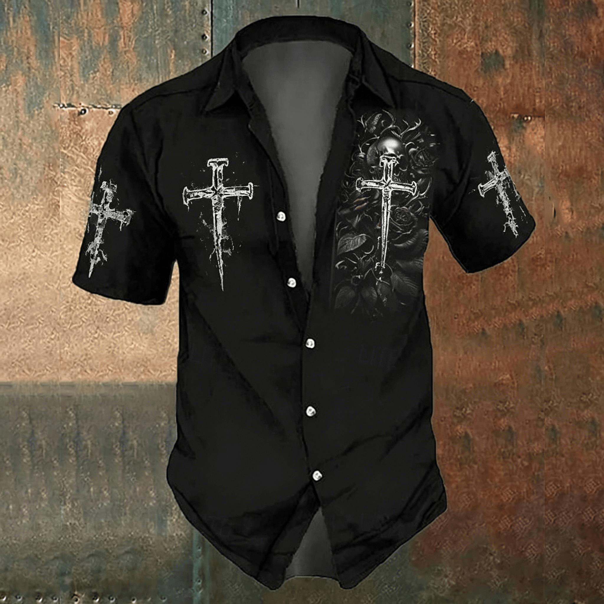 Men'S Gothic Formal Wear - Męska czarna koszula z nadrukiem krzyży,